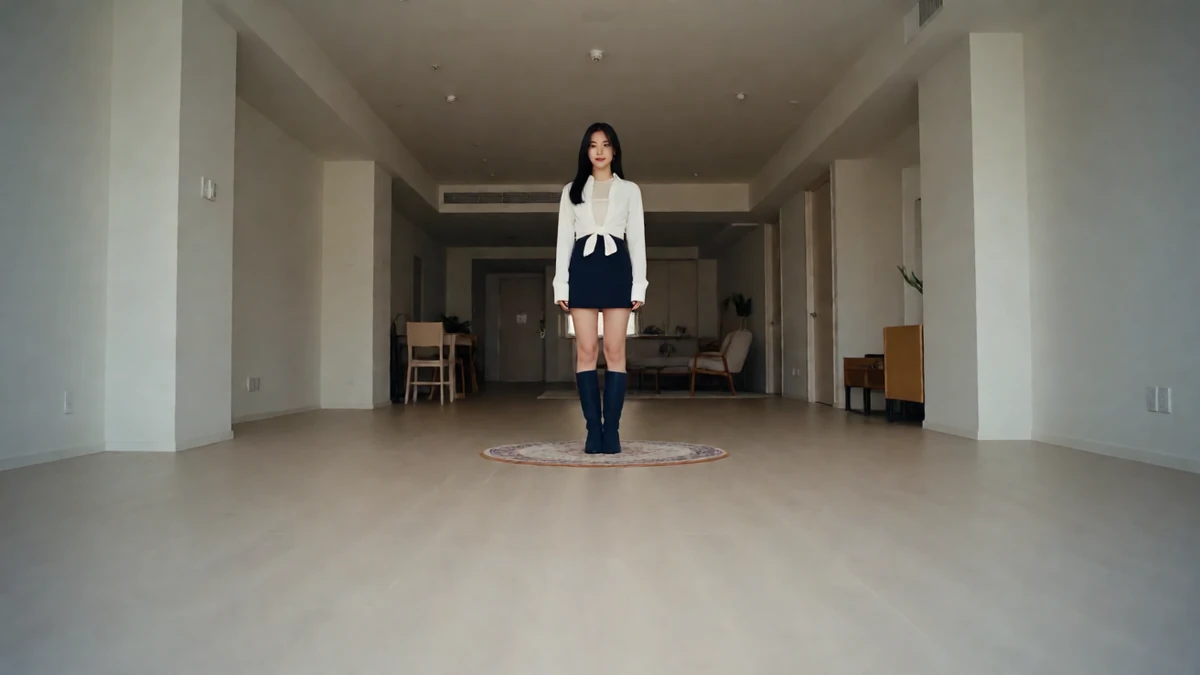 白衬衫与深蓝短裙模特置身短片主题场景
